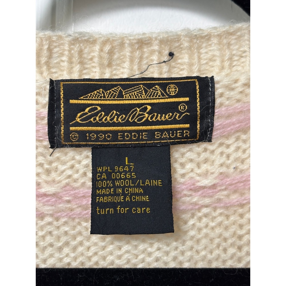 Vintage 1990 Eddie Bauer Wool Wolf Sweater Pink Cream Fair Isle Knit Large - Picture 3 of 9